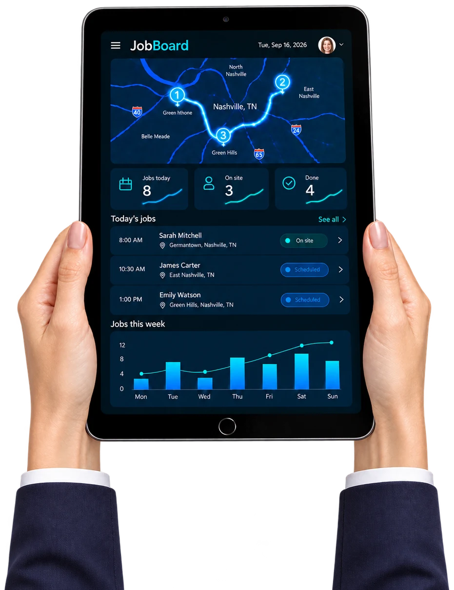 A job-tracking app on an iPad, held in two hands